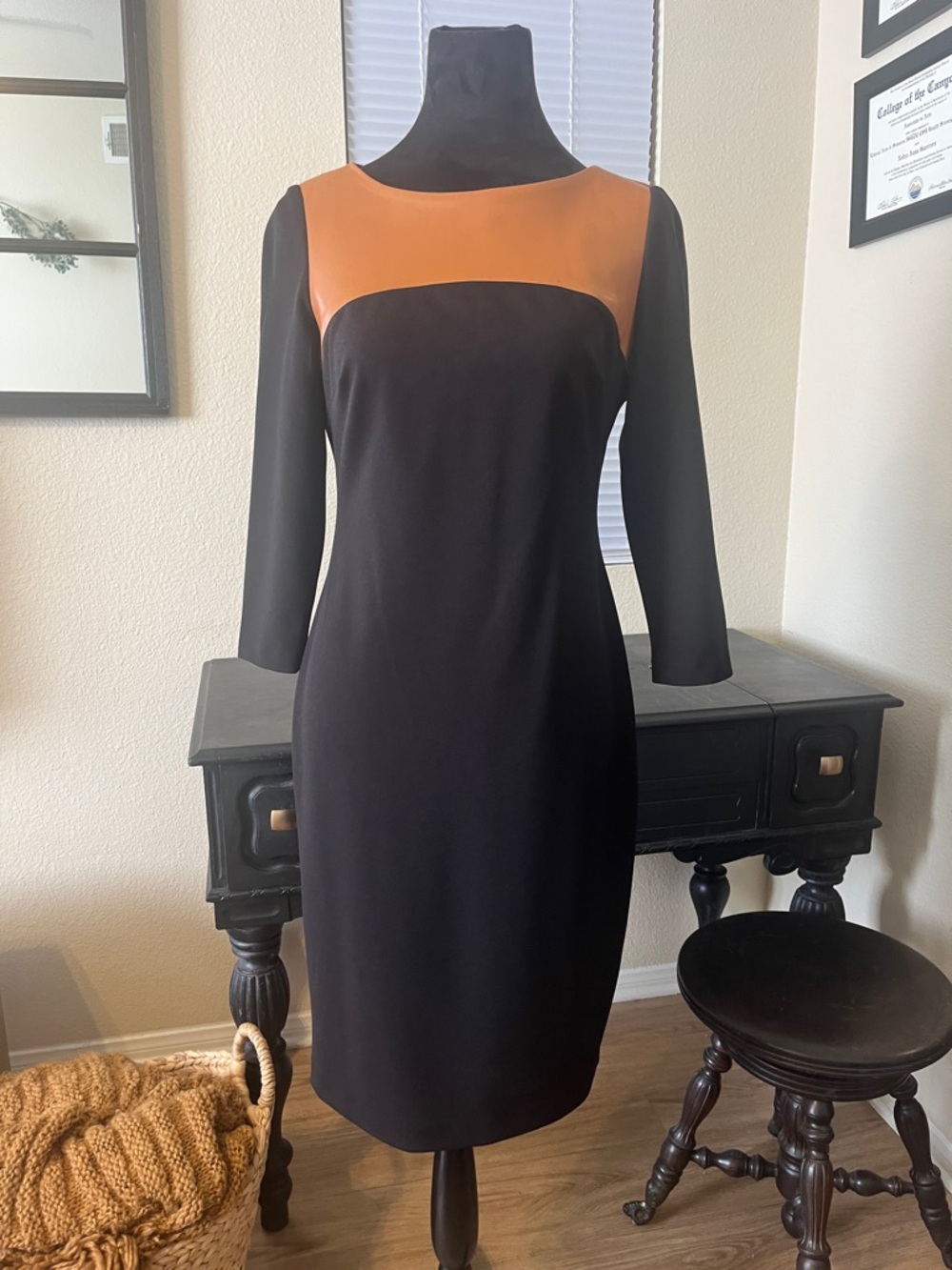 Calvin Klein Black Long-Sleeve Sheath Dress with Brown Yoke